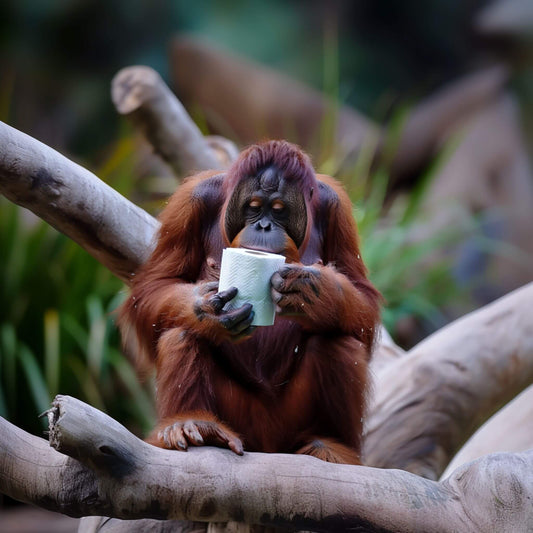 Orangutan playing with toilet paper