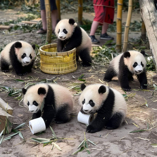 Panda cubs playing with toilet paper rolls