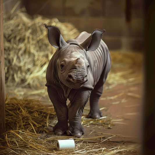 Rhino standing by a roll of toilet paper