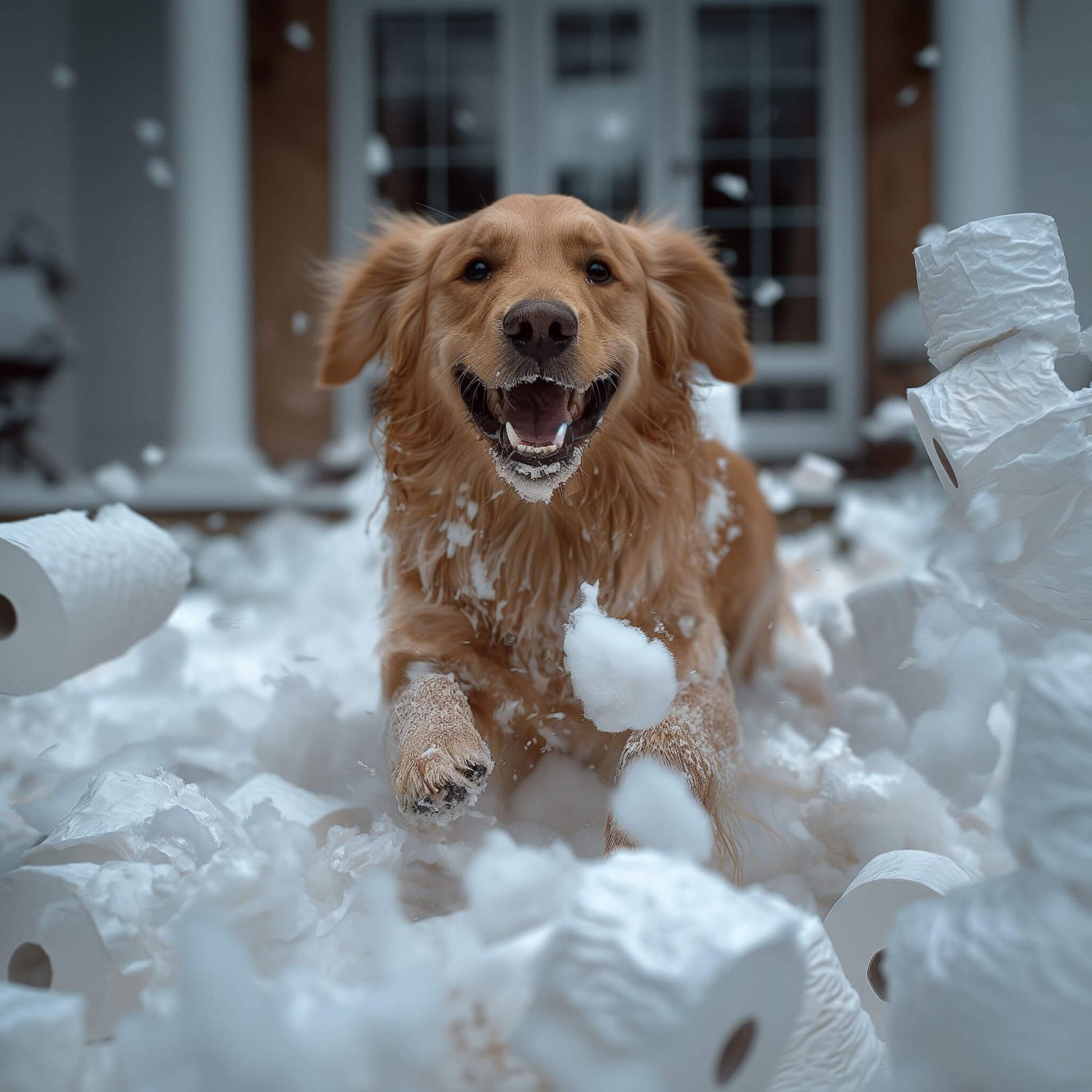 Golden retriever jumping into a pile of toilet paper